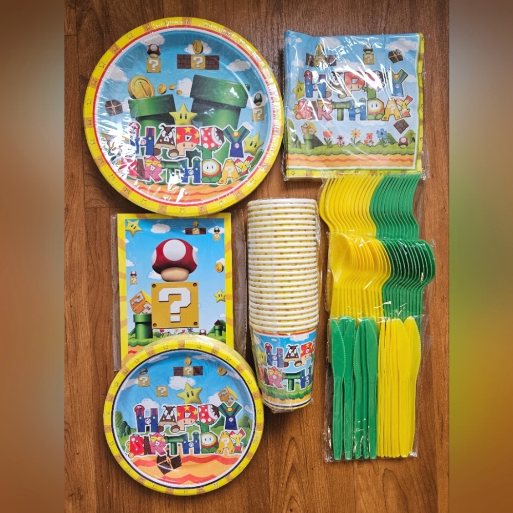 New! Super Mario Party Supplies Set - Green and Yellow